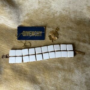 Givenchy vintage white tile and Gold Bracelet with four leaf clover charm